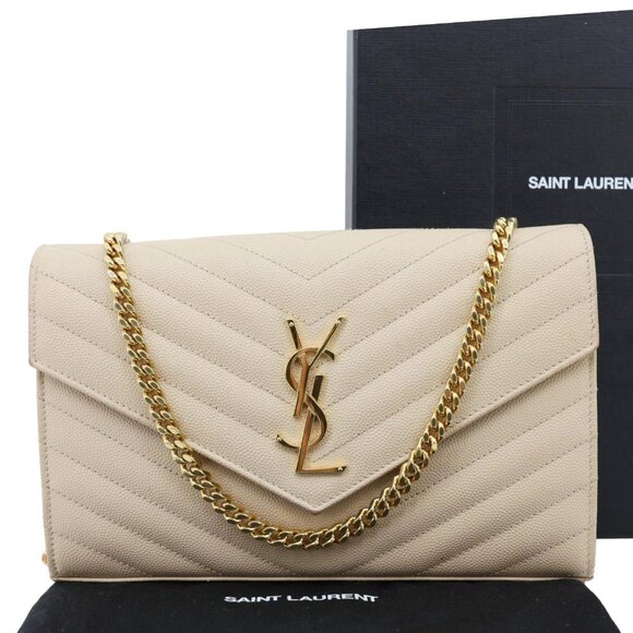 YVES SAINT LAURENT  Envelope Grain De Poudre Chevron Leather Wallet On Chain Bei - Picture 3 of 12